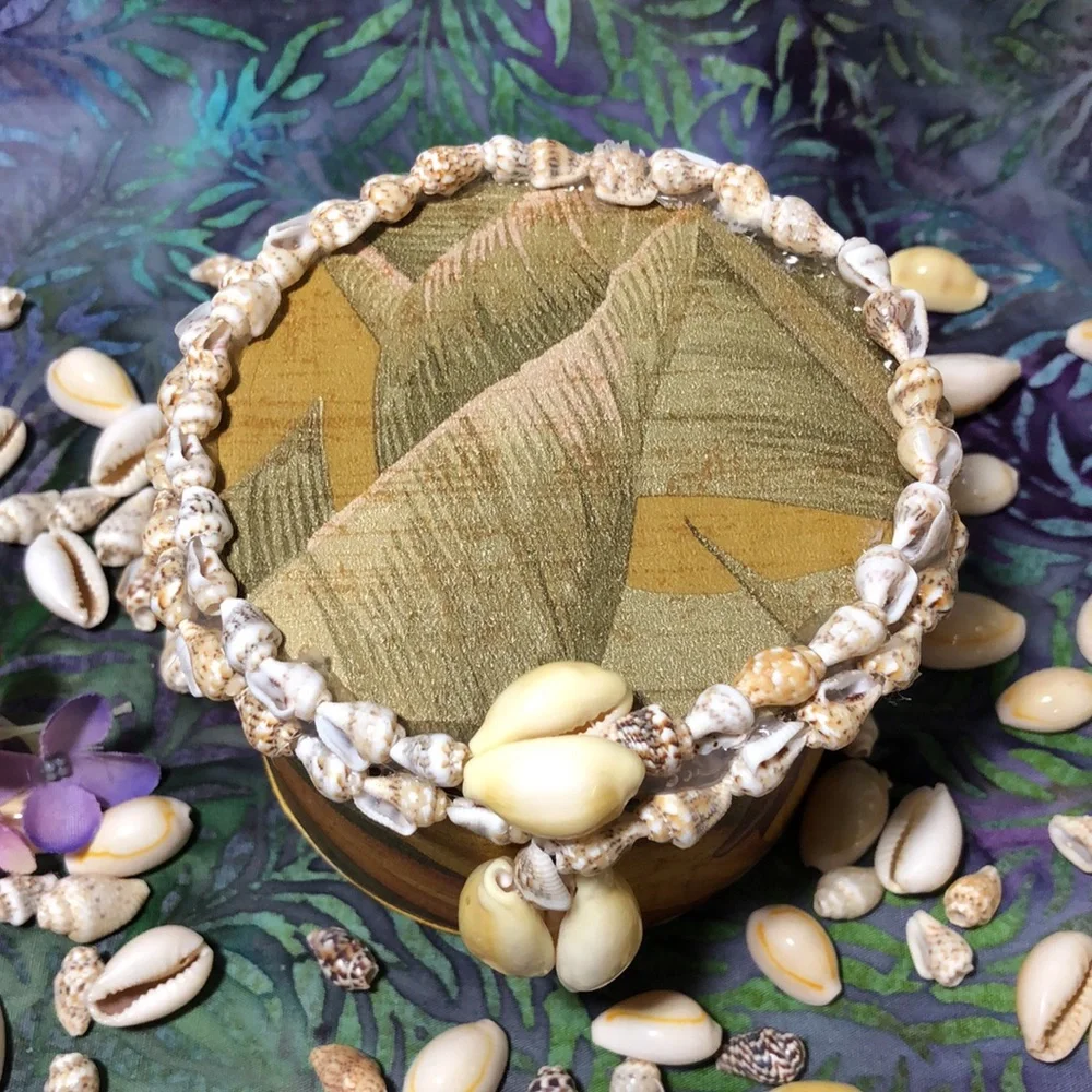 MANGO TREE STUDIOS Round Lidded Seashell Felt Lined Trinket Box Unique New